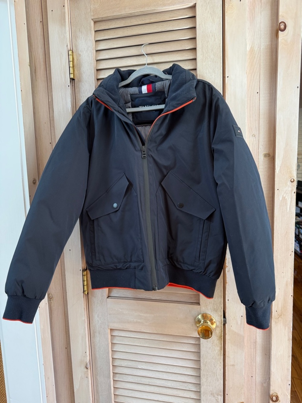 Tommy Hilfiger Navy Bomber Jacket Orange Trim- Grey Puffer Interior Men Medium
